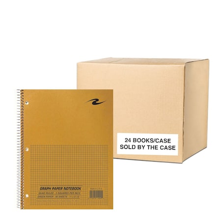 Case of Wirebound Notebooks, 11"x8.5", 80 sheets of Green-tint Paper, 5x5 graph, brown kraft cover, PK24