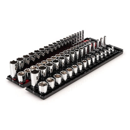 3/8 Inch Drive 6-Point Socket Set with Rails and Trays, 68-Piece 1/4-1 in., 6-24 mm