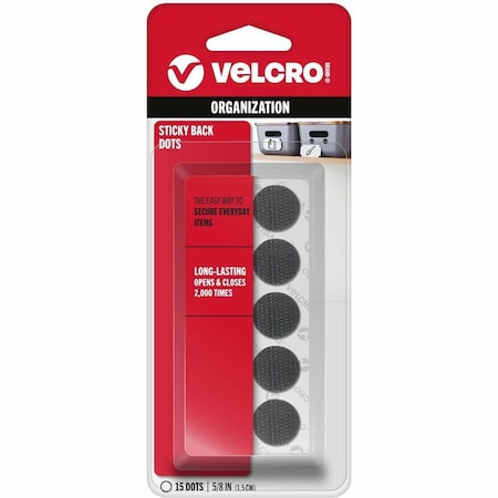 Reclosable Fastener, Disc, Rubber Adhesive, 5/8 in, Black, 15 PK