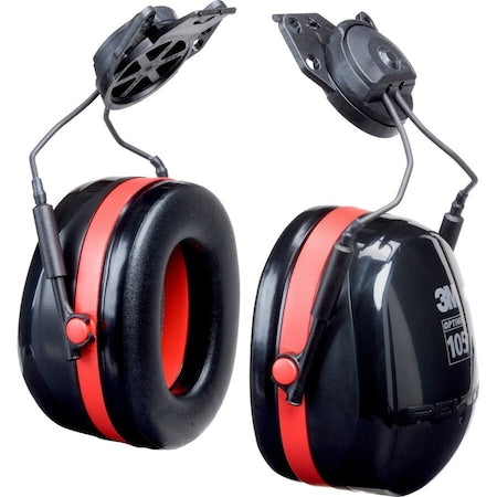 Peltor Optime 105 Hard Hat-Mounted Earmuffs, Passive Protection, NRR 27 dB, Foam, Black/Red
