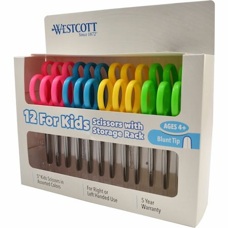 For Kids Scissors Teacher's Pack, Rounded Tip, 5" Long, 1.75" Cut Length, Straight Assorted, PK12