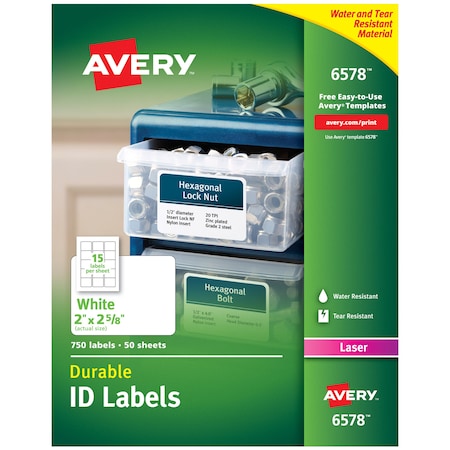 Laser Label, 2 5/8 in Label W, 2 in Label H, 15 Labels per Sheet White