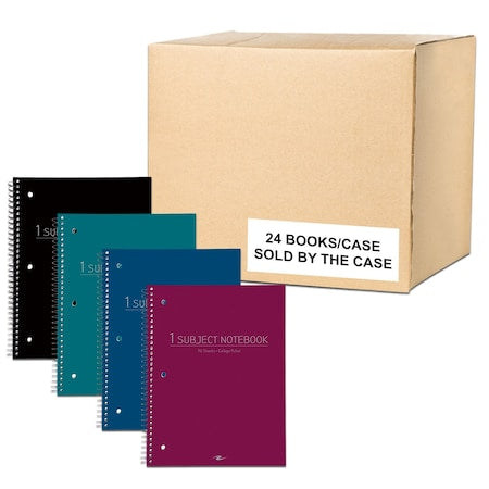 Case of Wirebound Notebooks, 10.5"x8", 1 Subject, 70 sht, Asstd. Cover Color, College Ruled w/Margin, PK24