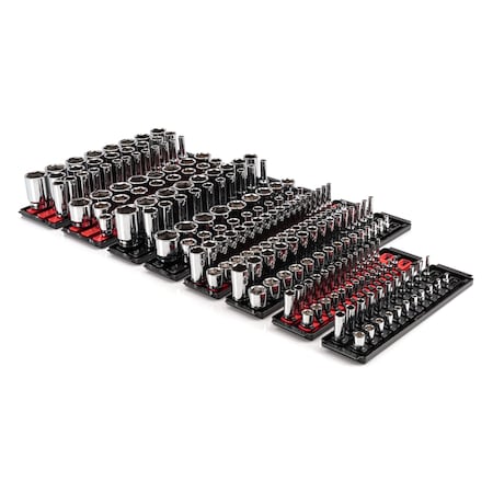 1/4, 3/8, 1/2 Inch Drive 6-Point Socket Set with Rails and Trays 214-Piece