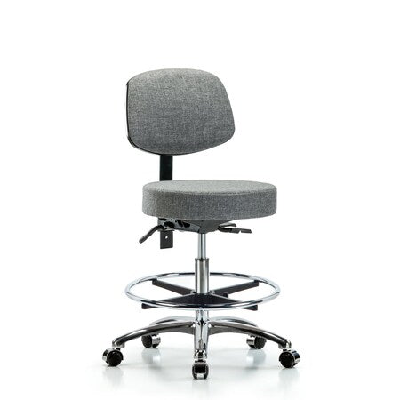 Rutledge Fab Stool with Back Chrome - Med Bench Height with Chrome Foot Ring and Casters in Gray Fab