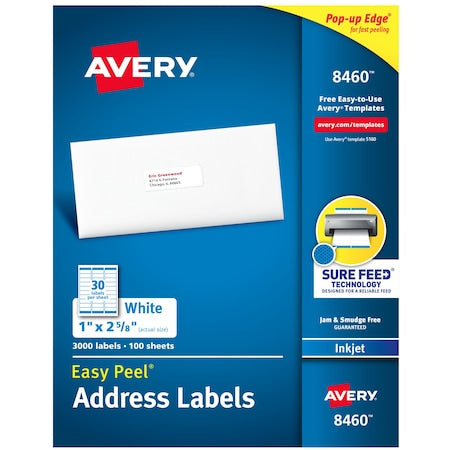 Inkjet Label, 2 5/8 in Label W, 1 in Label H, 30 Labels per Sheet White