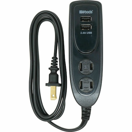 Outlet Strip, USB, 4 ft., Black