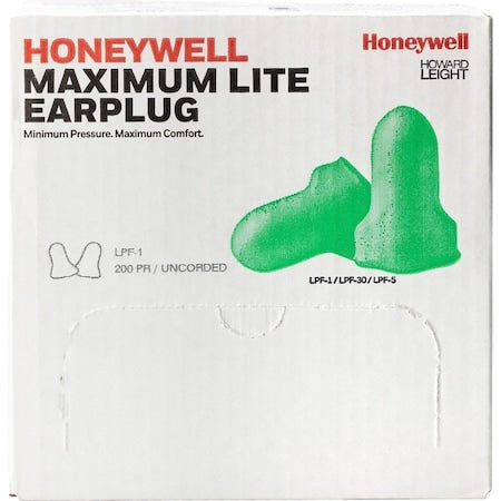 MAXIMUM LITE Disposable Foam Ear Plugs, Contoured-T Shape, 30 dB, Green, 200 PK