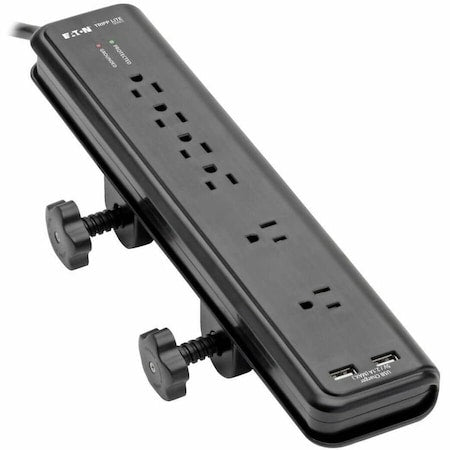 Power Strip, Surge, USB, 6 5-15R, 5-15P, 6 ft., Black