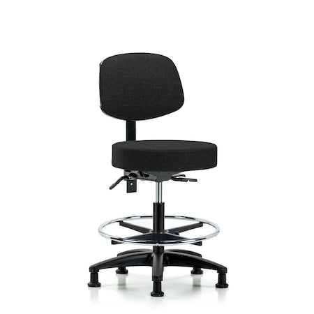 Rutledge Fab Stool with Back-Medium Bench Height with Chr Foot RingandStat Glides in Black Fab