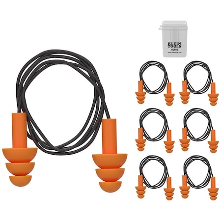 Reusable TPE Earplugs, Triple Flanged Shape, 25 dB, Orange, 6 PK