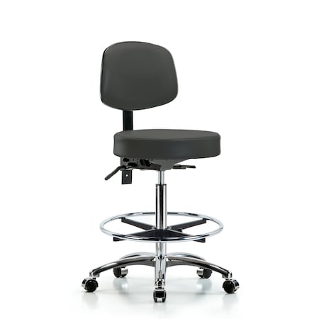 Vin Stool with Back Chrome-High Bench Ht with Chrome Foot RingandCasters in Charcoal Trailblazer Vin