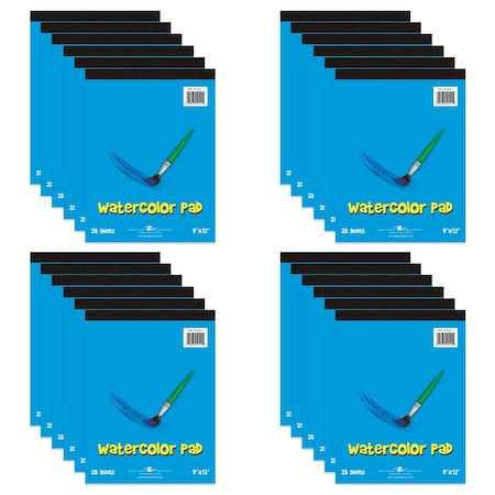 Case of Kids Watercolor Paper Pad, 9""x12"", 25 sht of 100 lb Paper with Vellum Finish, Top Bound,PK24