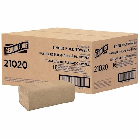 Genuine Joe Single Fold Paper Towels, 1 Ply, 250 Sheets, Natural, 4000 PK