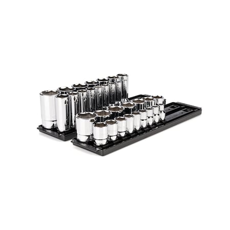 1/2 Inch Drive 6-Point Socket Set with Rails and Trays, 32-Piece 3/8 - 1-5/16 in.