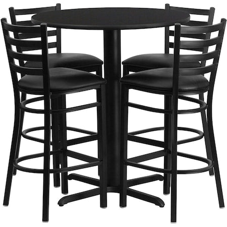 Round Black Bar Table, X-Base w/Black Seats, Laminate Top, Wood Grain