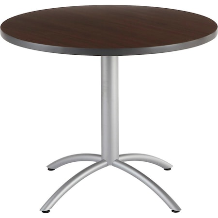 CafeWorks Cafe/Breakroom Table, Walnut Top, Silver Frame, 36 in Dia x 30 in H