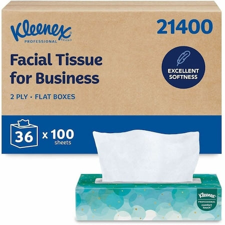 Facial Tissue, Kleenex Comfort Touch, Flat Box, 2 Ply, 100 Sheets/Box, 36PK