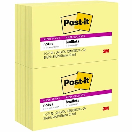 Super Sticky Notes, 3x5 In., Yellow, PK12