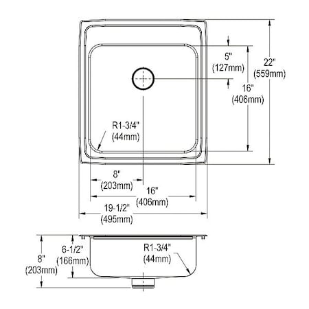 Bowl Drop-In Sink,21""x19.5""x6.5"",Gray