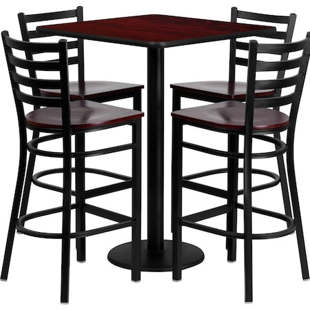 Square Mahogany Bar Table, Sqr w/Mah Seats, 30", Laminate Top, Wood Grain