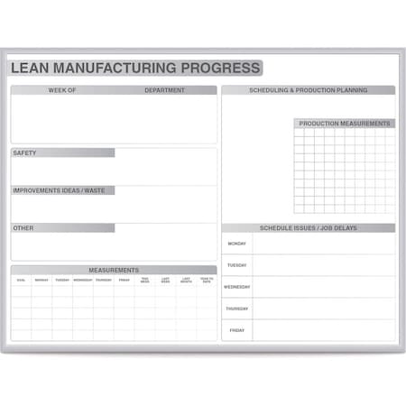 Lean Tracking Board, Steel, 24 in, 36 in, Aluminum Frame, White/Gray, Gloss