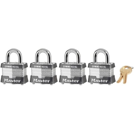 Padlocks, Keyed Alike, Standard Shackle, Rectangular Steel Body, Steel Shackle, 5/8 in W, 4 PK