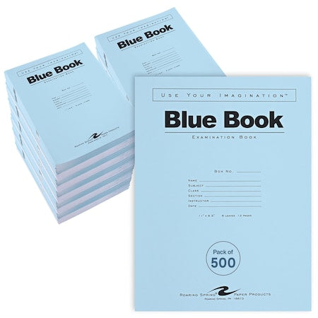 Case of Exam Blue Books, 11"" x 8.5"", 6 Sheets/12 Pages, Wide Ruled with Margin,PK500