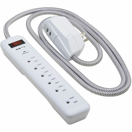 Power Strip, Surge, USB, 7 5-15R, 5-15P, 6 ft., Light Gray