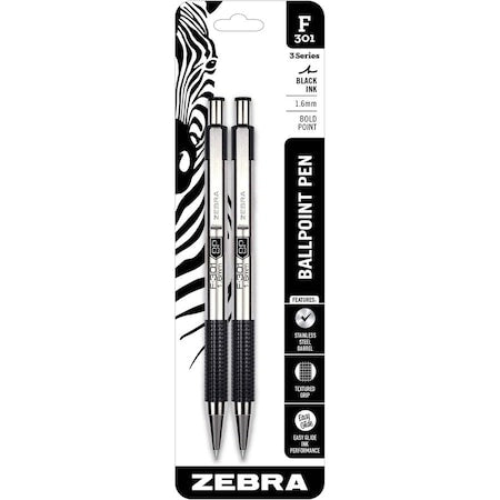 F-301 Bold Retractable Ballpoint 1.6mm Black 2pk