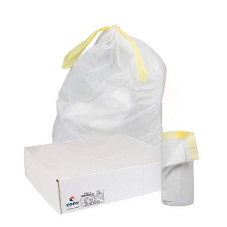 Trash Bags: 13 gal Capacity, 24 in x 28 in, 0.85 mil Thick, Drawstring, White, 250 PK