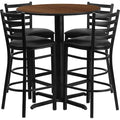 Round Walnut Bar Table, X-Base w/Blk Seats, 30", 30" L, 30" W, 42" H, Laminate Top, Wood Grain