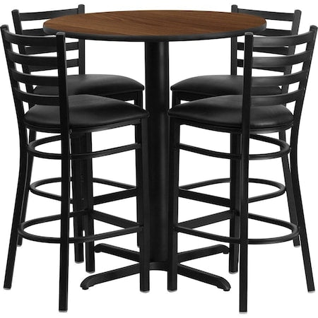Round Walnut Bar Table, X-Base w/Blk Seats, 30", 30" L, 30" W, 42" H, Laminate Top, Wood Grain