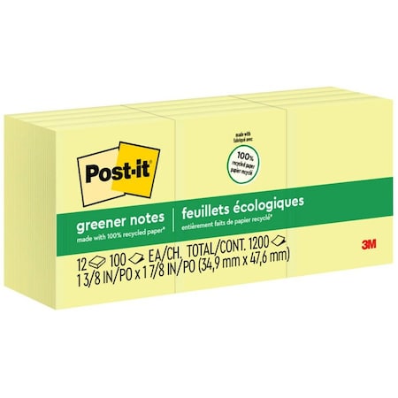 Note, Post-It, 1.5"X2", Yellow, Recycl, PK12