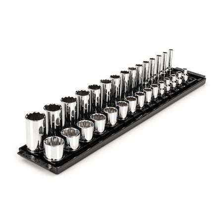 3/8 Inch Drive 12-Point Socket Set with Rails and Tray, 30-Piece 1/4-1 in.