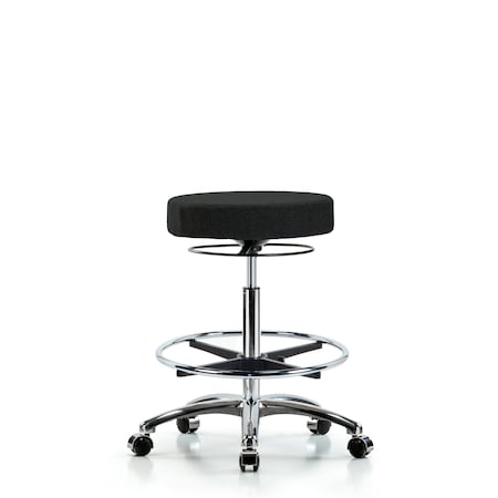Rutledge Fab Stool without Back Chr-High Bench Height with Chr Foot Ring and Casters in Black Fab