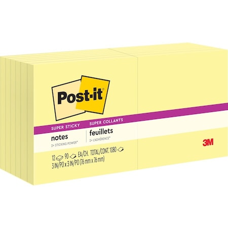 Pop-up Super Sticky Notes,3x3 In,YW,PK12