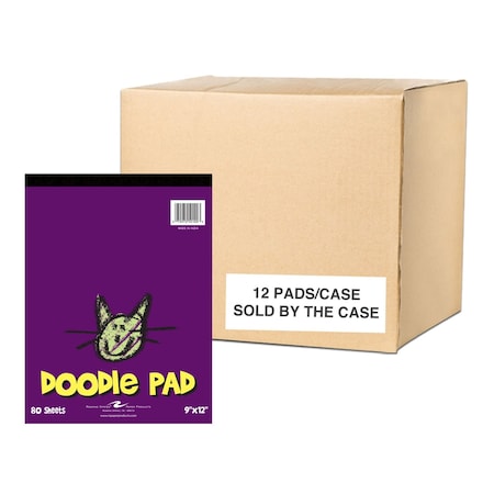 Case of Kids Doodle Paper Pad, 9""x12"", 80 sht of Blank Newsprint, Top Bound, For Drawings & Sketches, PK12