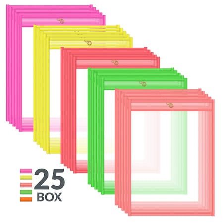 9"x 12" Assorted Neon Colors Vinyl Reusable Dry Erase Pockets, 25/BX
