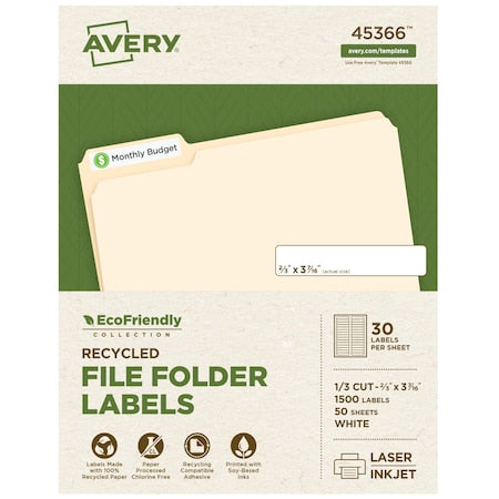 Laser/Inkjet Label, 3 7/16 in Label W, 2/3 in Label H, 30 Labels per Sheet White