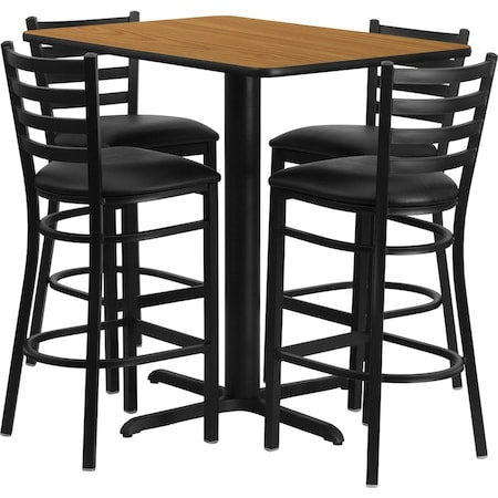 Rectangle Nat Bar Table, Rectngl w/X-Base, Blk Seats, 42" L, 24" W, 42" H, Laminate Top, Wood Grain