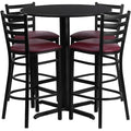 Round Black Bar Table, X-Base w/Burgundy Seats, Laminate Top, Wood Grain