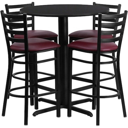 Round Black Bar Table, X-Base w/Burgundy Seats, Laminate Top, Wood Grain