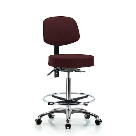 Fab Stool with Back Chr-High Bench Height with Seat Tilt, Chr Foot Ring, and Casters in Burgundy Fab