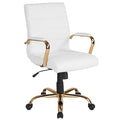 Mid-Back White Leather Swivel Office Chair with Gold Frame and Arms