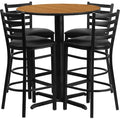 Round Natural Bar Table, X-Base w/Black Seats, 30" L, 30" W, 42" H, Laminate Top, Wood Grain