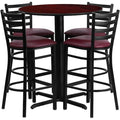 Round Mahgny Bar Table, X-Base w/Burg Seats, 30", 30" L, 30" W, 42" H, Laminate Top, Wood Grain