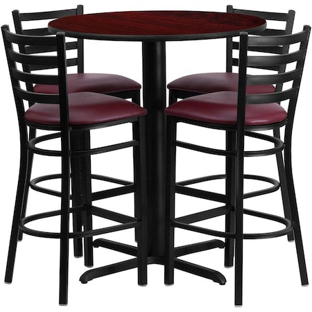 Round Mahgny Bar Table, X-Base w/Burg Seats, 30", 30" L, 30" W, 42" H, Laminate Top, Wood Grain