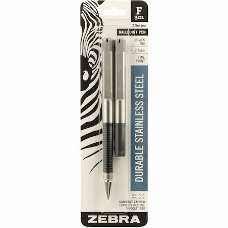 Zebra Pen Compact F-301 Ballpoint Pen - 0.7 mm Pen Point Size - Black - Stainless Steel Barrel - 2-/ Pack