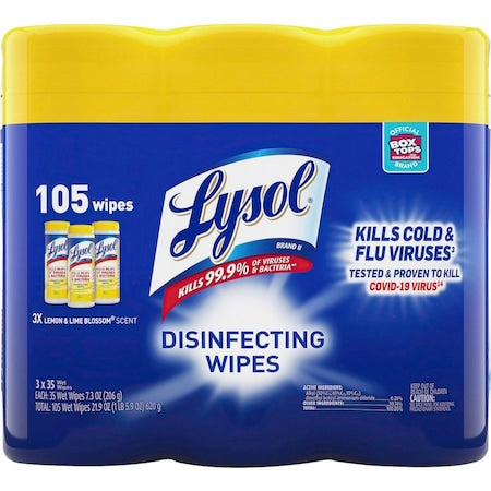 Disinfecting Wipes, 1-Ply, 7 x 7.25, Lemon and Lime Blossom, White, 35 Wipes/Canister, PK12